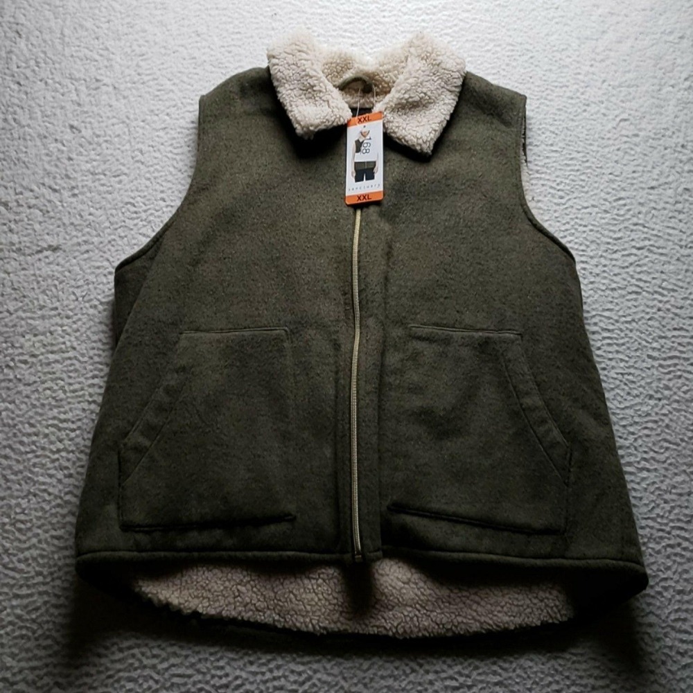 Sanctuary Vest Womens 2XL Green Collared Sherpa Faux Fur Lined Zip Pockets